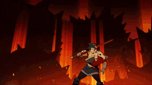 a cartoon drawing of a person holding a sword and a fireball