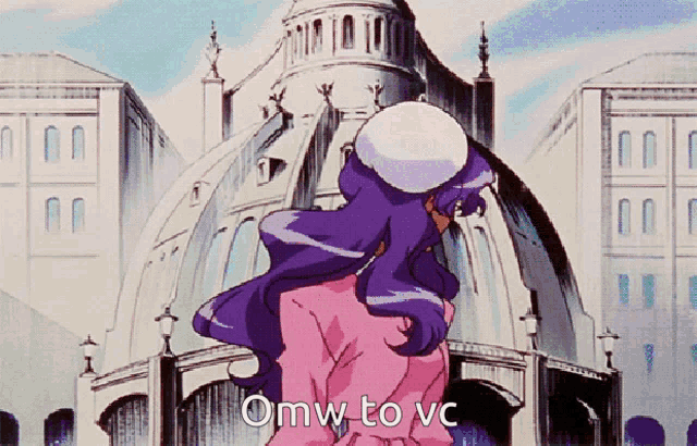 a girl with purple hair is standing in front of a building with the words omw to vc written on it