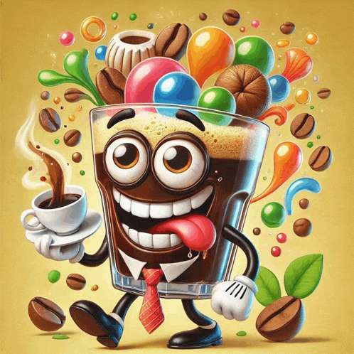 a cartoon illustration of a cup of coffee surrounded by coffee beans and candies