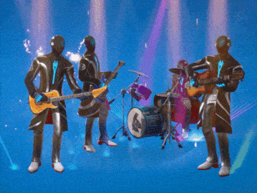 a group of men playing guitars and drums on a stage with a drum with the letter s on it