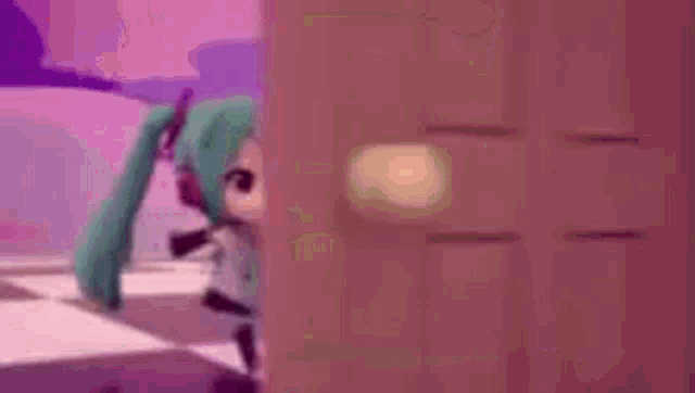 hatsune miku is standing next to a wooden pole in a room .