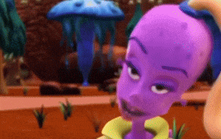 a cartoon character with a purple head and yellow shirt