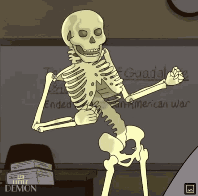 a cartoon of a skeleton standing in front of a white board with the word guadalajara written on it
