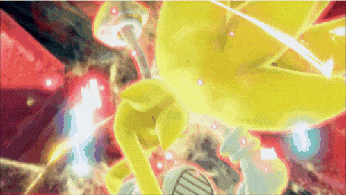 a yellow cartoon character is being struck by a red light