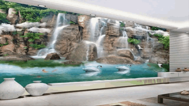 a painting of a waterfall with swans and fish