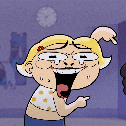 a cartoon girl is laughing and pointing at something