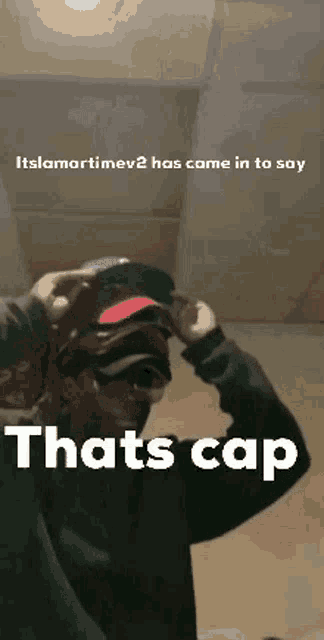 a man is wearing a hat and sunglasses and says `` that 's cap '' .