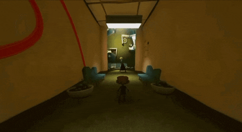 a cartoon character is standing in a hallway with chairs and a light hanging from the ceiling