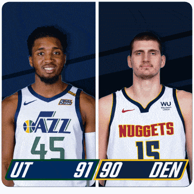 two basketball players from the utah jazz and the denver nuggets are standing next to each other
