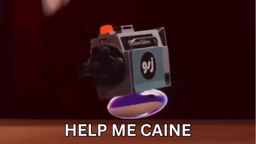 a video camera with the words help me caine written below it