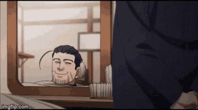 a man with a beard is smiling in front of a mirror in a bathroom .