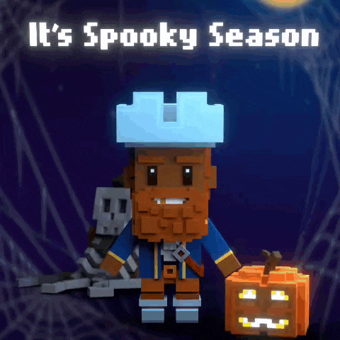 a video game character holding a pumpkin with the words " it 's spooky season " behind him