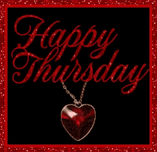 a happy thursday greeting card with a red heart on a chain