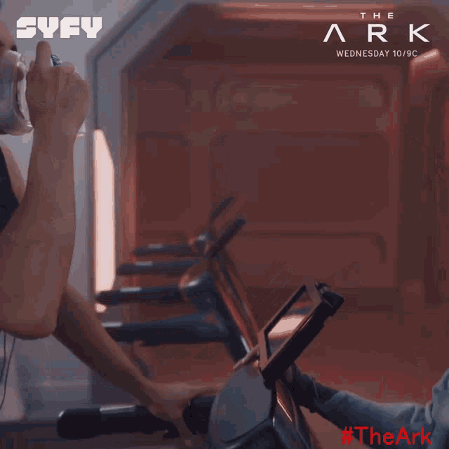 an advertisement for the ark shows a woman pointing at a man