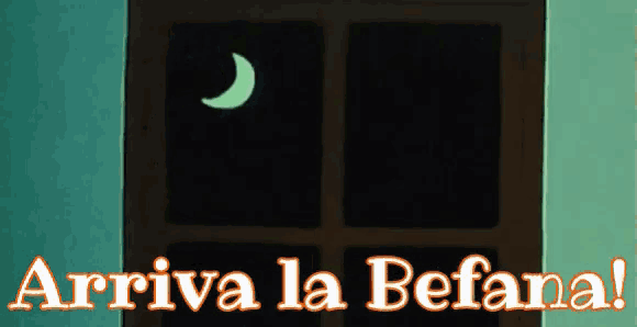 a sign that says arriva la befana with a glowing crescent moon in the background