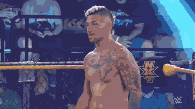 a shirtless wrestler stands in a ring with a nxt logo on his back
