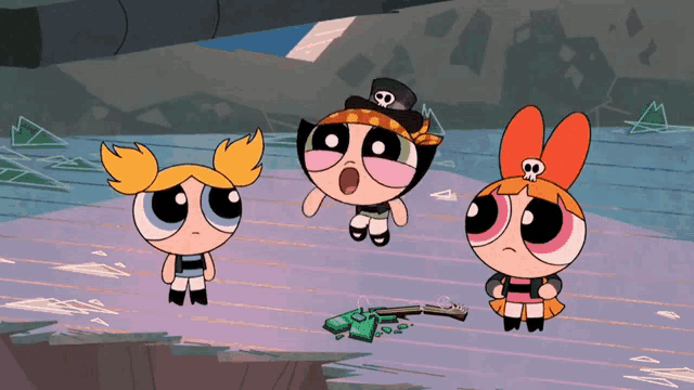 three cartoon characters with one wearing a pirate hat and bandana