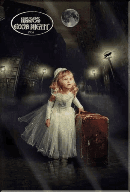 a little girl in a white dress is standing next to a suitcase with the words kisses good night vica written on it