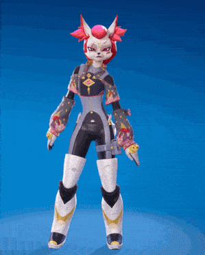 a cartoon character with a fox 's head and red hair is standing on a blue background