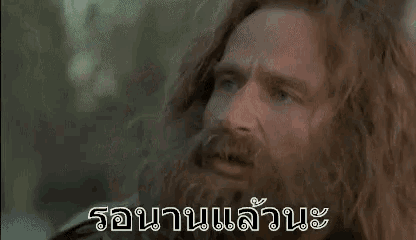 a man with a beard and long hair is looking at the camera with a foreign language .