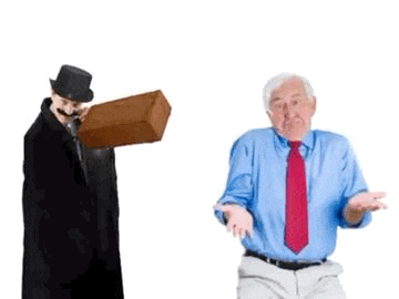 a man in a top hat is holding a suitcase next to a man in a blue shirt and tie .