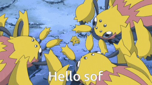 a group of yellow and pink cartoon characters with the words hello sof written on the bottom