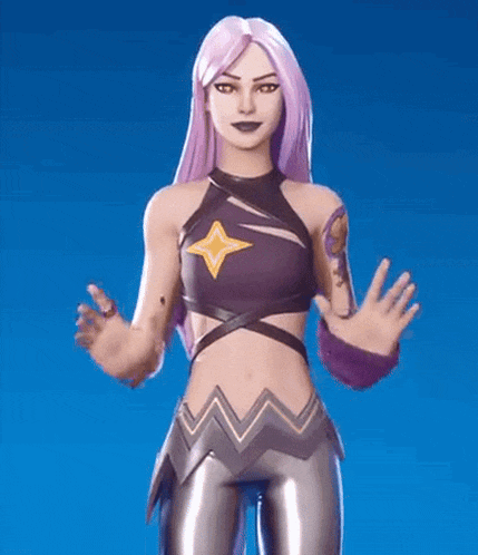 a woman with purple hair and a tattoo on her arm is standing with her arms outstretched .