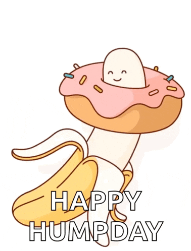a cartoon illustration of a banana with a donut on it and the words happy humpday below it