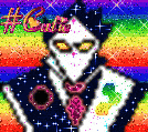 a pixel art of a man wearing a suit and tie with a rainbow background .