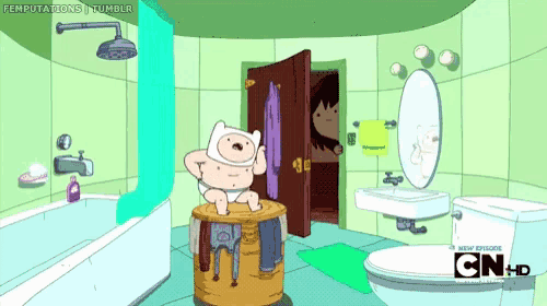 a cartoon character is sitting on a stool in a bathroom with cn hd written on the bottom