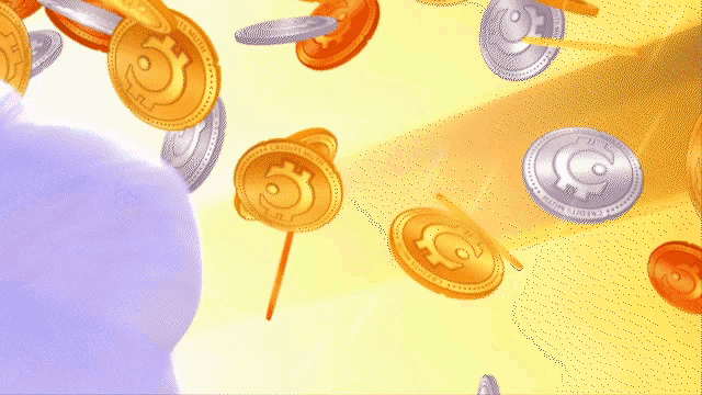 a bunch of coins are falling from the sky and one of them has the letter t on it