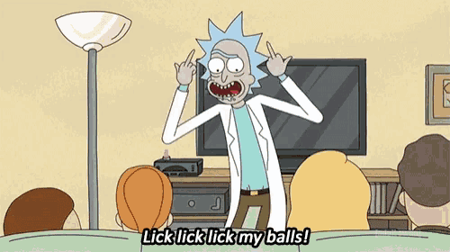 a cartoon of rick from rick and morty giving the middle finger and saying lick lick lick my balls .