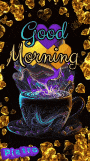 a cup of coffee with a purple heart and the words good morning on it