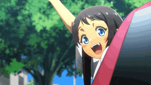 a girl with blue eyes is looking out from behind a pink box