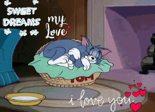 a cartoon of tom sleeping in a basket with the words " sweet dreams my love "