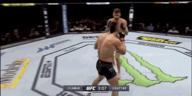 two men are fighting in a boxing ring with a monster energy logo on the ground .