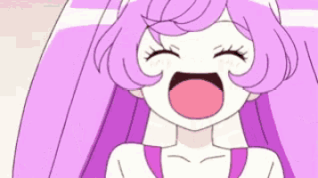 a cartoon girl with purple hair is laughing with her mouth open and her eyes closed .