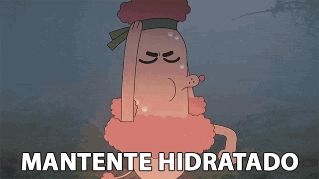 a cartoon character is holding a hula hoop with the words mantente hidratado below it