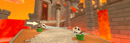 a blurred image of a video game scene with a skeleton on a green block