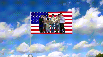 a group of people standing in front of a large american flag