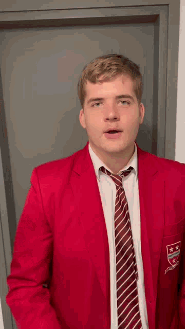 a young man wearing a red jacket and tie with a shield on his chest
