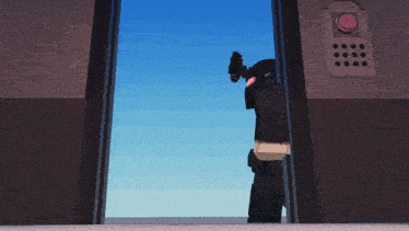 a person holding a gun in front of a door with a red button on it