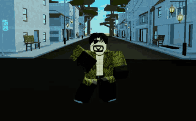 a cartoon character is walking down a street with buildings and trees