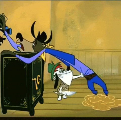a cartoon of a man and a dog playing with a safe
