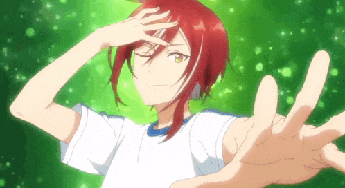 a person with red hair is wearing a white shirt with a blue trim