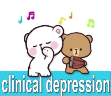 a cartoon of two teddy bears dancing with the words clinical depression in the corner .