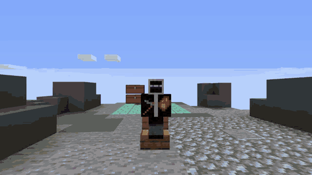 a person in a minecraft game with a shield and axe