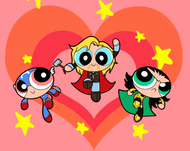 three cartoon characters are standing in front of a pink heart