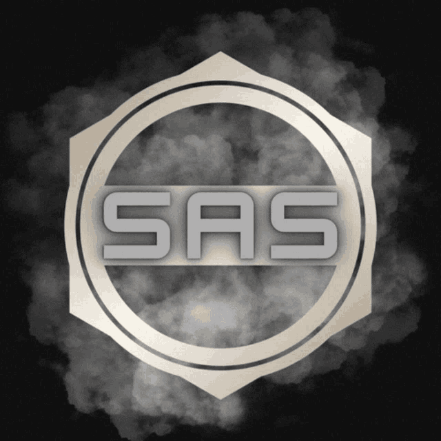 a logo for sas is surrounded by smoke on a dark background
