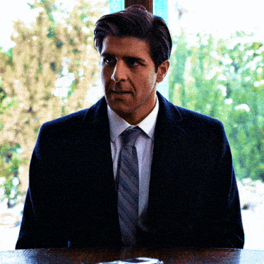 a man in a suit and tie is sitting at a table in front of a window